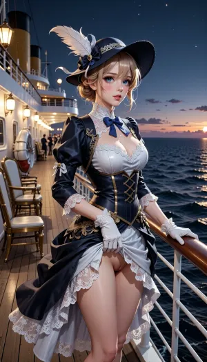 masterpiece 2D anime illustration, hand-drawn, cel-shaded, elegant shoujo-josei style, historical anime key visual, highly stylized, illustrated, not photorealistic.

A young busty woman stands alone on the promenade deck of a grand transatlantic ocean liner in 1912, at the twilight of the Belle Époque. She is shown in a graceful full-body composition beside the polished wooden railing as evening settles over the open Atlantic.

She wears an exquisite early-1910s traveling ensemble with a refined corseted silhouette, layered silk and velvet, delicate lace, elegant gloves, and a sophisticated feathered hat. She gently lifts her skirts with one hand exposing her smooth hairless vagina to the viewer. Her design is unmistakably anime, large luminous expressive eyes, delicate stylized features, flowing hair, graceful proportions, crisp lineart, and subtle emotional expression.

One gloved hand rests lightly on the railing while she gazes toward the darkening horizon. Her expression carries quiet melancholy and fragile hope. A cool sea breeze moves her dress, hair, ribbons, and feathers.

The grand liner surrounds her with Belle Époque luxury, polished teak decks, white steel structures, brass fittings, deck chairs, lifeboats, tall funnels, and rows of warm glowing lamps. Distant passengers appear only as soft silhouettes.

The last trace of sunset has disappeared beneath the horizon. The sky is a deep gradient of cobalt, indigo, violet, and fading blue. The dark ocean stretches endlessly around the ship while warm golden lamps create intimate pools of light across the deck and illuminate the heroine against the vast blue twilight.

Strong anime aesthetics, crisp delicate lineart, luminous expressive eyes, clear cel shading, stylized flowing fabrics, richly illustrated 2D background, dramatic blue-hour lighting, warm golden highlights, elegant historical costume design, premium anime movie key visual.

Dreamlike, wistful, luxurious, intimate, quietly foreboding. A small figure surrounded by warmth sails into an immense unknown world.