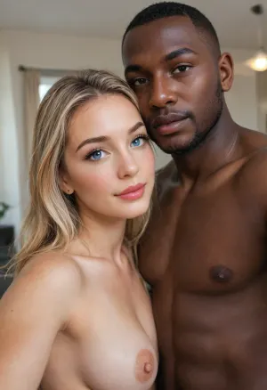 Photorealistic, correct anatomical proportions, consistent limb length, (interracial couple:1.7), my wife’s Black lover stares into the camera as he takes a selfie, he shows his dominance over my wife by giving her a headlock. My wife is an adult woman in her late 30s, (curvy:1.7), very short blonde wavy bobcut, (highly detailed face), bright blue eyes, fair skin, seductive, submissive, (beautiful:2), up voted model, natural medium saggy breasts, micro-waist, ultra-wide hips, big bubble butt, standing near the window, sexy black lace stockings, wedding ring, (happy:1.3), looking at the viewer, her naked Black lover is standing, (flirtatious headlock from behind), (headlock:1.5), (ultra-strong Black man:1.7), his cock is hard with anticipation, (big erect cock), in a luxury suite, (romantic tone), flirtatious tone, strong side light coming from the left, visible shadows on the right side of the face, higher contrast, sculpted lighting, (selfie:1.3), (ultra-realistic, RAW photo, DSLR, sharp focus), (source_real), ultra-realistic, RAW photo, DSLR, sharp focus, (Canon EOS R5, 85mm lens perspective, f/1.8), shallow depth of field, close up shot, eye level, subject in sharp focus, background softly blurred, (bokeh), highly detailed skin texture, visible pores, subsurface scattering, natural color grading, cinematic composition, rule of thirds, (ultra-high resolution, 4K / 8K, highly detailed, sharp focus, masterpiece, best quality, intricate details), (score_9, score_8_up, score_7_up), <lora:attractive_notrigger:2>, <lora:Portrait_perfection:.8>, <lora:EnvyBetterHiresFixXL01:.8>