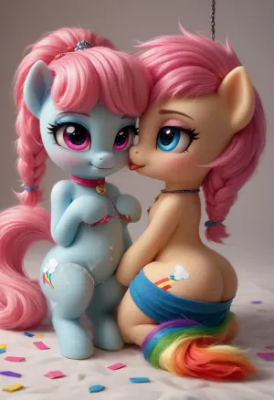The style of the 50s, masterpiece, best quality, ultra-detailed, photorealistic, highres, 4k, original, maximum details, high quality, high resolution, (anthro my little pony furry yiff style art), ultra high detailed character, highly detailed, Perfect face, perfect body, perfect eyes, perfect pupils, perfect fingers, sexy pony, S Cute girl, (pony girl, perfect beauty, cute face), pink hair, short messy braided hair, two braids, blue eyes, bare shoulders, collar, long big firm silicone breast, long breasts, Puffy nipples, (erect pink nipples, chained nipple clamps), smooth skin, tiny waist, wide hips and round ass, big ass, nipple ring pierc shadows, (dark shadows:.9), bright light patches, well-lit scene, (high contrast:1.8), (maximum quality:1.5), (high resolution:1.5), (ultra realism:1.5), ((focus on body:2)), (colorful:1.4), (brightness:1.4), professional photography, ral-ltlpowny, (Rainbow Dash), mlp, (((pony, chibi))), evening hairstyle, angry face, smile, showing teeth, makeup, perfect tail, rosy cheeks, furry, anthro, hooves on the feet, cute fluffy doll dress, cute blue stockings, little bows, best angle, close view, white background, confetti, double, middle, finger, licking, each, other's, tongues, kissing, other, on, the, lips, <lora:ral-ltlpowny-sdxl:1.9>, <lora:Pony_MLP_v1.8SDXL:.8>, <lora:doublemiddlefingerXLv1:2>, <lora:Tail_Plug__SDXL:2>, <lora:kissing_v2:.8>