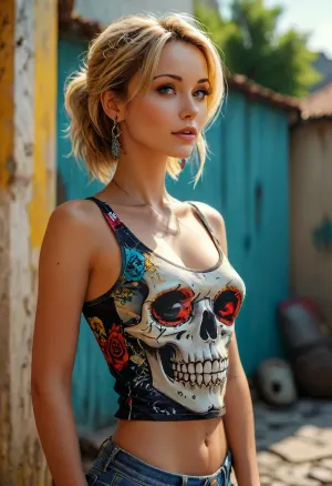 (anime with smooth rendering and vibrant colors:1), outdoor, artistic, low angle, side view, 40yo, mature belle caucasian female, skull tank top, glam punk aesthetic, professional, studio quality, detailed background, combine cartoon with realistic real life, illustrated, natural beauty, /KlTTY-ART/, <lora:COMFYUI_mimic_landscape_-_XL_SDXL v2.0:.1>, <lora:attractive_notrigger:.1>, <lora:MJ52:.1>, <lora:flat_chested_v3.5:.1>