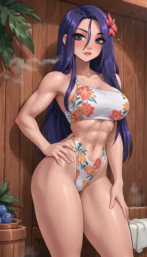 (innv meets jack cayless style), (reiq style, masterpiece, cel-shaded, limited color palette), ((Beautiful Muscles Sexy Psylocke from marvel rivals game body:1.5)), (1girl, solo, alone, 21 year old woman), (gorgeous, seductive face, long hair, hair ornament, purple hair, mature, ads, perfect breast, perfect hands, perfect legs, small waist, big thick thighs, huge hips, big ass, hard nipped, sweaty body), ((tropical pattern flower Netted Strappy cut out V-Swimsuit)), (tropical flower legs straps), (tropical pattern flower Strap sandless), (standing teasing posing), (steam, smoke, sauna background), ultraviolet light, LoL, Style, surtr, swimsuit, <lora:LCMTurboMix_Euler_A_fix:2>, <lora:mk_Bp Anime_xl:2>, <lora:cartoon_stickers_xl_v1:2>, <lora:Ppolar-P3v1-NbVp10:2>, <lora:42_cover_xl:2>