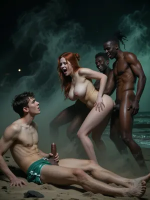 Fantasy setting, cgi Render with imperfections saturated dark green colors Style, The scenario is enveloped in the deepest darkness imaginable, filled with thick, swirling steam and dust that obscures every surface, The air is heavy and thick, and no ray of light penetrates the suffocating haze, night on beach, All skin texture vanishes in the darkness, no light touches the skin. The individuals can be made out only as vague shapes in the dark A pale young man, 20 years old, wears green swim shorts, from England forced to share his red-haired wife, For him, it is a deeply humiliating feeling to watch his wife’s intense, unbridled lust with the two strangers, he sits clearly apart in the sand, watching his wife from a distance, his overweight wife, 18 years old, with two masculine men from the Caribbean, his wife is being fucked hard by two Caribbean men, a dream comes true for the skinny slim young woman as she screams out in pleasure and bliss, The slim woman enjoys the masculine dominance of the Caribbean men and laughs towards her husband, the Caribbean men fuck the very beautiful slim woman from behind, without mercy, spit roasting her, hige cock in mouth, anpther in her pussy mfrom behind, all her body is slim, her round ass, and her boobs bounce back and forth with every one of his thrusts, she moans from pleasure, she orgasming and breathing heavily, he's thrusting his hip deep and fast, hyper fast rhythmic motion, her breasts jiggle, blue-grey eyes, (massive natural soft tits:2), deep brown tan, enhanced tan lines, pale breasts, gigantomastia, macromastia, gigantic breasts, enormous breast, ultra large breasts, impossibly large breasts, brown hair in a messy updo with bangs, womans moans muffled, muffled moans, As he fucks her harder and faster, She rolls her eyes back and groans long, she is orgasming. man continues to fuck her faster and faster relentlessly