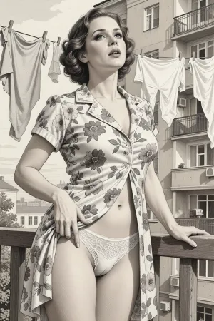 This is is a detailed monochromatic pencil drawing in a classical illustrative style depicts a scene set in USSR in 1950s, Beautiful sexy brown elegant hairstyle mother stands and hangs her washed underwear on a clothesline on the balcony of an apartment in a multi-storey building, wearing in a short flowered housecoat, the hem of the coat is open, her white lace panties is visible, looking up, seductive face, The overall mood is intense, rendered in fine, expressive line work and subtle shading, evoking the style of 1950s satirical or moralistic illustrations.