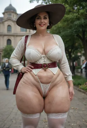(oiled glossyshiny skin, Alcina Dimitrescu in canonical suit with garters and beltstockings), mature, incredibly beautiful granny, (wrinkled, cellulite:1.2), (oiled glossyshiny skin:1.4), large green eyes full of innocence, and delicate, charming facial features that radiate youth. She random posing, partially dressed in a luxurious, The gown is made from rich, velvet-like fabric with delicate lace accents, leaving her very large, natural big sagging breasts, vagina, and big anus exposed, (floral blue and white crotchless leggings:1.3), tight corset, belt. Her face shows pleasure with a satisfied smile, flawless skin and body., (big butt), (big labia cameltoe:1.6), (gaping vagina:1.3), (crotchless:1.4), (half-open mouth), (outdoor in living public park:1.2), (very strong contrast tan lines), elegant red bag, (strangers standing behind her:1.6), 3/4 body view, burgundy tutu.