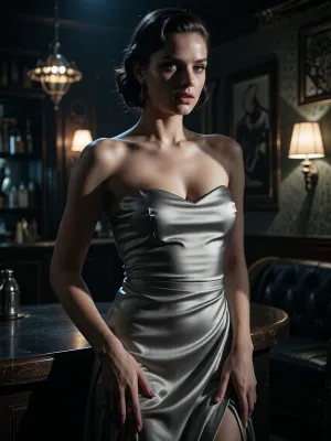 Create an image of a beautiful and mysterious woman in a strapless evening dress, set in a classic film noir scene reminiscent of the 1950s. The composition places her slightly off-centre, emphasizing her poised stance against a dimly lit, vintage lounge backdrop. Utilize high-contrast, low-key lighting to cast deep shadows across her face, with a sharp, narrow beam of light illuminating her piercing eyes, enhancing her predatory and calculated expression. The colour palette should be rich with deep blacks and muted greys, punctuated by the glint of satin fabric in her dress. Employ a chiaroscuro technique to highlight textures—smooth silk against the rough edges of the surroundings. The atmosphere should be tense, evoking a sense of anticipation. Aim for high resolution, capturing intricate details to create a striking and immersive visual narrative.