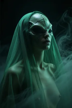 Deep emerald-green veil blankets the scene, tinting atmosphere, skin, and surfaces with a muted emerald cast. Cool green shadows envelop every subject. Low-key cinematic lighting, extremely low ambient light, dense swirling mist and atmospheric haze, background fading into near blackness, soft volumetric light revealing only the most important details. Darkness fills the environment completely, concealing almost everything except the subjects, with a subtle green tint lingering in the shadows. Photorealistic, masterpiece, green-tinted color grading, highly detailed alien head