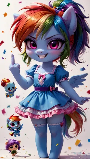 (Rainbow Dash), mlp, (((pony, chibi))), evening hairstyle, angry face, smile, showing teeth, makeup, perfect tail, rosy cheeks, furry, anthro, hooves on the feet, Anfisa, cute fluffy doll dress, cute blue stockings, little bows, best angle, close view, white background, confetti, double, middle, finger, <lora:Pony_MLP_v1.8SDXL:.8>, <lora:Anfisa_Fox_Riot-XL:1.9>, <lora:princess_xl_v2:.8>, <lora:LCMTurboMix_Euler_A_fix:.8>, <lora:doublemiddlefingerXLv1:2>