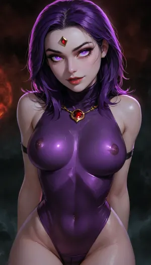 Charming girl, (charming purple eyes, bright glowing pupils:1.5), Night, ultra detailed, HD, solo girl, masterpiece, best quality, high resolution, hires, score_9, score_8_up, score_7_up, score_6_up, (DC comics titans raven:1.4), detailed face, light Grey skin, short black hair, purple hightlights in hair, goth make up, red diamond on forehead, slim body, dark purple skin tight one-piece, black fishnet leggings, long dark purple Rangers cloke and hood, black leather choker, small nipples, ahegao expression, (oiled skin:1.2), laying on side, wet leaking from pussy oiled skin, posing for viewer, at night, on a small island, titan tower from DC comics in background, bright red moon, detailed background, side view, close up, ratatatat74, incase style, fantasy, raven, woman, ((dark background)), <lora:zavy-hrglw-sdxl:2>, <lora:DetailedEyes_V3:2>, <lora:ratatatat74-000050:1.3>, <lora:Raven_XL:1.6>