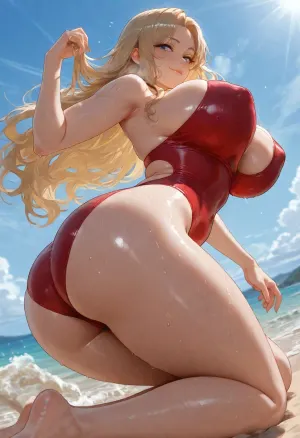 masterpiece, best quality, ultra-detailed illustration, sharp focus, intricate details, highres, absurdres, 1girl, solo, mature woman, 20 years old, adult female, mature features, beautiful detailed face, long wavy blonde hair, blue eyes, long eyelashes, detailed eyes, glossy skin, voluptuous adult body, large breasts, slim waist, wide hips, thick thighs, toned legs, perfect anatomy, detailed anatomy, tight red one-piece lifeguard swimsuit, baywatch swimsuit, red high-cut swimsuit, strained fabric on breasts, running dynamically on the beach, mid-run pose, legs in motion, arms pumping, hair flowing in the wind, bouncing breasts, confident expression, slight smile, focused eyes, sunny beach, ocean waves, sand, bright daylight, volumetric lighting, sunlight rays, sweat drops on skin, dynamic angle, side view, full body view, motion blur on legs, hentai style, detailed illustration, wet swimsuit clinging to body, erect nipples poking through fabric, aroused expression, heavy breathing, from below angle, ass focus