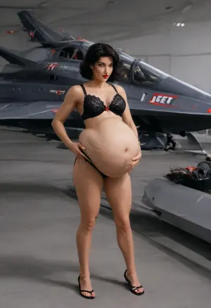 (Full body shot, standing and facing to the side:1.7), (White Caucasian woman pale:1.3), ((The character Serleena from the movie Men in Black:1.7)), Enormous, spherical-to-pear-shaped, heavily distended and pendulous It protrudes aggressively forward and hangs low, reaching approximately mid-thigh level The belly has a wide, rounded base that tapers slightly toward the upper abdomen but remains massively full and heavy-looking throughout, It appears taut yet soft, with significant weight and volume that causes it to sag and rest against the tops of her thighs, The upper belly above the navel is rounded and full, blending into her large breasts contained in a tight bra There is a subtle shelf-like overhang where the massive lower belly begins, The heaviest, most prominent part is the huge, drooping lower belly It forms a massive, wide apron-like overhang with deep natural folds and creases, especially along the sides and bottom curve where it meets the thighs. The bottom edge is soft, rounded, and slightly flattened where it presses against her legs, (Folds and Creases Multiple realistic skin folds a prominent horizontal crease/underfold where the belly overhangs:1.5), plus vertical creases along the sides The skin bunches softly where the belly rests on her thighs, (Jet blac hair:1.7), (It has a slightly retro or vintage-inspired volume:1.7), red lipstick, wearing black lacy lingerie, (bob cut hairstyle:1.5), (Age 30s or early 40s:1.3), atmospheric outdoor background at night, Large, almond-shaped eyes with prominent, sharply arched dark eyebrows that give her a dramatic, intense look She wears heavy black eyeliner cat-eye style and long, dark lashes, Nose Straight and proportionate, with subtle definition, (A small beauty mark mole is visible on her left cheek:1.5), just below the eye Her cheekbones are high and subtly highlighted She has a neutral-to-slightly downturned mouth expression, adding to the enigmatic, alluring vibe, large, (protruding belly prominent abdomen:1.7), which dominates the lower central part of the frame, Top A sheer, black mesh or chiffon robe/open cover-up over a black lace bra or bustier with intricate floral or scroll patterns, The lace has a semi transparent quality, revealing skin beneath while providing texture, Thin straps and a sweetheart neckline frame her cleavage, Matching black lace panties or briefs, low-rise and form-fitting, sitting just below the belly, The lace details continue the ornate pattern from the top, Eyes Her most captivating feature, They are large, wide-set, and a striking light blue or icy gray-blue hue that seems to glow or reflect light dramatically against the dark setting, The skin appears smooth and taut with natural texture and subtle stretch marks or folds visible under the lighting, giving it a realistic, soft quality, Her navel, (Deep belly button:1.7), (COLOSSAL BELLY:1.7), (DISTENDED BELL:1.7), (MASSIVE BELLY 20x BIGGER THAN NORMAL), v, <lora:add-detail-xl:1.5>