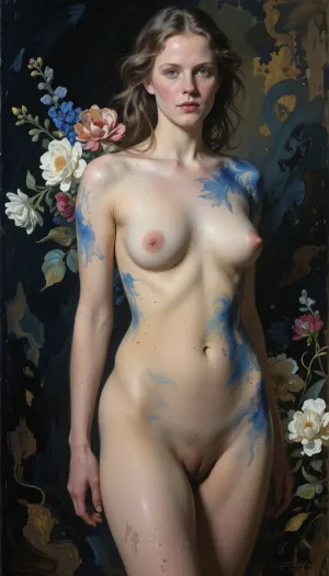 masterpiece, best quality, highly detailed, ultra-realistic, Taupe, delicate beige-blue, blue. A lady dressed only in smooth human skin, wearing nothing but her body, full-length, dusty. Gradient. Intrigue. Bold. Dynamic. Detailed. taupe, blue. classic shapes. thin waist. curves. aesthetics of the female body. pleasure. flowers. multifaceted. color. Egon Schiele Karl Bryullov, fine art photography with artistic vision, golden ratio composition with natural balance, moody low-key lighting with deep shadows, varied textures from silky smooth to beautifully rough, energetic and dynamic movement throughout, photorealistic, RAW photo, 8k uhd, Fujifilm, soft lighting, detailed skin texture