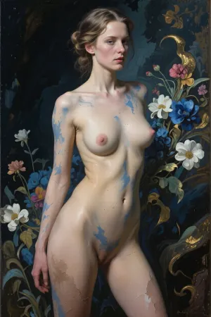masterpiece, best quality, highly detailed, ultra-realistic, Taupe, delicate beige-blue, blue. A lady dressed only in smooth human skin, wearing nothing but her body, full-length, dusty. Gradient. Intrigue. Bold. Dynamic. Detailed. taupe, blue. classic shapes. thin waist. curves. aesthetics of the female body. pleasure. flowers. multifaceted. color. Egon Schiele Karl Bryullov, fine art photography with artistic vision, golden ratio composition with natural balance, moody low-key lighting with deep shadows, varied textures from silky smooth to beautifully rough, energetic and dynamic movement throughout, photorealistic, RAW photo, 8k uhd, Fujifilm, soft lighting, detailed skin texture