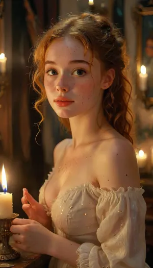 Most beautiful ginger girl ever, 18 years old, sweet, innocent, shy, happy, freckles, curly hair, ponytail, puffy nipples, (moaning:1.5), transparent open dress, no bra, 4ng3l, face, novuschroma32, a, painting, of, at, night, candle, light, in, the, style, godfried-schalcken, <lora:SDXL_BetterFaces-LoRA_v1:2>, <lora:novuschroma32 style:.4>, <lora:MJ52:2>, <lora:godfried-schalcken-sdxl-v1-000044:1.3>