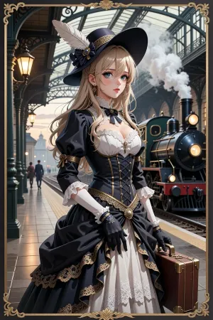 2D anime illustration, elegant shoujo-josei historical anime, Belle Époque scene, hand-drawn anime artwork, cel-shaded, stylized, illustrated, not photorealistic.

A young woman stands alone on an elegant railway platform at dusk at the end of the Belle Époque, early 1910s. She is the clear focus of the image, shown in a graceful full-body or three-quarter composition. She wears an exquisite Belle Époque travel outfit with a corseted silhouette, layered skirt, lace details, velvet and silk accents, elegant gloves, and a large feathered hat. She holds a small vintage suitcase.

Her face is beautiful and stylized in a refined anime manner, large expressive eyes, delicate nose, graceful jawline, soft rosy lips, elegant long neck, detailed flowing hair, emotional but restrained expression. She looks slightly back over her shoulder with melancholy and hope, as if taking one final look at the life she is leaving behind.

Behind her is a grand early-20th-century train station with sweeping iron-and-glass architecture, a steam locomotive, drifting steam, glowing gas lamps, and softly painted distant travelers. The background is richly illustrated but clearly anime in style, like a beautifully painted frame from a historical anime film.

Use strong anime aesthetics, clean lineart, delicate ink lines, cel shading, soft gradient highlights, stylized hair strands, expressive eyes, elegant proportions, decorative composition, romantic melancholy, historical anime key visual, premium anime movie artwork.

The mood is wistful, elegant, nostalgic, and quietly hopeful, capturing the transition from the fading Belle Époque into a new uncertain age.