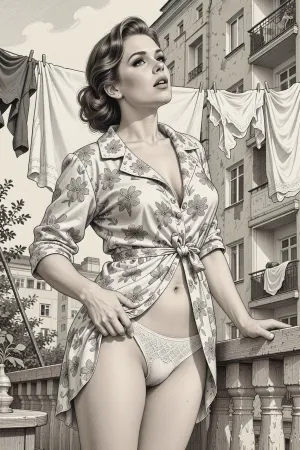 This is is a detailed monochromatic pencil drawing in a classical illustrative style depicts a scene set in USSR in 1950s, Beautiful sexy brown elegant hairstyle mother stands and hangs her washed underwear on a clothesline on the balcony of an apartment in a multi-storey building, wearing in a short flowered housecoat, the hem of the coat is pulled up, her white lace panties is visible, looking up, seductive face, The overall mood is intense, rendered in fine, expressive line work and subtle shading, evoking the style of 1950s satirical or moralistic illustrations.