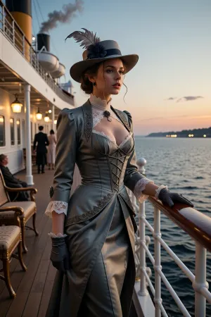 A cinematic photorealistic scene set in 1912, at the final twilight of the Belle Époque. A young busty woman stands alone on the promenade deck of a grand transatlantic luxury ocean liner shortly before departure or during the first evening at sea, surrounded by the elegance and quiet optimism of an age that does not yet know how completely the world is about to change.

She is the clear focal point of the image, shown in a graceful three-quarter or full-body composition near the ship’s railing. She wears an exquisitely detailed early-1910s traveling ensemble, a sophisticated long dress with a refined corseted silhouette, elegant tailored layers, silk and velvet accents, delicate lace, gloves, and a magnificent period hat decorated with tasteful feathers. Her clothing suggests wealth and refinement while remaining historically convincing and natural.

One gloved hand rests lightly on the polished wooden railing while she looks toward the distant horizon. Her expression carries melancholy and hope in equal measure, thoughtful and quietly expectant, as though she is leaving behind a familiar world and sailing toward something unknown. A gentle sea breeze moves the fabric of her dress, the feathers of her hat, and a few loose strands of hair.

Around her, the grand ocean liner conveys the luxurious confidence of the final Belle Époque, polished teak decks, white-painted steel structures, brass fittings, elegant deck chairs, lifeboats suspended above the promenade, tall funnels releasing a subtle trail of smoke, and warm lamps beginning to glow as evening approaches. Other elegantly dressed passengers appear only as soft distant figures, leaving the heroine with a sense of private solitude amid the grandeur.

The sky is caught between sunset and twilight, with warm golden and rose-colored light fading into cool blue over the open Atlantic. The sea reflects the last light of day, while the ship’s lamps create small pools of warmth around her. A distant harbor or coastline may be barely visible behind the ship, suggesting the world she has left behind.

The image should evoke departure, possibility, luxury, nostalgia, and gentle foreboding without depicting disaster. The young woman represents a generation standing unknowingly at the threshold between the Belle Époque and the modern world, elegant, hopeful, and surrounded by the final glow of an age about to disappear.

highly detailed, photorealistic, cinematic realism, authentic 1912 atmosphere, historically convincing early 1910s fashion, realistic skin texture, lifelike eyes, subtle emotional expression, natural sea breeze, warm sunset light, soft shipboard lamplight, atmospheric depth, elegant composition, visual storytelling, refined luxury, gentle melancholy, competition-quality image