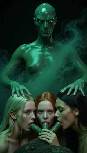 Fantasy setting, CGI render with subtle imperfections, saturated dark emerald green palette, the entire scene enveloped in the deepest darkness imaginable, technically underexposed by 3 stops, dense swirling emerald mist, heavy atmospheric haze, thick drifting steam, photographed through a deep emerald green optical filter, the entire image submerged beneath an overwhelming monochromatic emerald veil, every surface, every shadow, every highlight, every subject affected equally by the same emerald atmosphere, every skin tone transformed into dark desaturated emerald, every strand of hair overwhelmed by the same green shadow, original colors surviving only as extremely faint undertones, skin and hair appearing as though viewed through dense green glass, deep emerald shadows swallowing local color, dense volumetric fog absorbing highlights, dissolving contrast, softening contours, environmental lighting only, documentary realism, raw cinematic lighting, no beauty lighting, no glamour lighting, no cosmetic portrait photography, background disappearing into near-black darkness, at the very bottom edge of the frame, three girls are sucking ond green skinned penis, their faces filling the entire lower portion of the composition, only faces, hair and a minimal portion of the upper neck visible, blonde Northern European woman, 18 years old, hair barely distinguishable beneath the monochromatic emerald veil, red-haired Northern European woman, hair reduced to a barely visible warm undertone beneath the green atmosphere, woman with bronze-toned skin and long black hair, hair almost completely merging into the emerald darkness, all skin tones equally transformed by the overwhelming emerald filter, no natural complexion visible, no unaffected local colors remaining, every face emerging only partially through drifting emerald fog, directly behind and above them kneels a female extraterrestrial being, only head, elongated neck, shoulders, upper torso, arms and hands visible, naturally feminine anatomy with subtle breasts, elongated organic biomechanical face, immense intelligent eyes, warm inviting smile directed toward the viewer, compassionate, quietly seductive, translucent emerald skin seamlessly blending into the identical atmospheric lighting, gently leaning forward, both graceful elongated hands resting feather-light upon the crowns of the left and right women, fingertips softly following the contours of their heads, all four figures sharing identical emerald illumination, masterpiece, photorealistic, cinematic realism, subtle film grain, emotionally intimate
