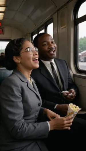 1955 on the back of a city bus. Rosa Parks is getting her ass fucked by a white guy while Martin Luther King Jr watches watching popcorn laughing