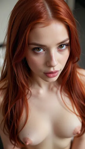 (vibrant flaming red hair, long luxurious hair, straightened hair, flawless pale skin), (soft lips with pillowy creases, thick plump lips), (large expressive eyes, sultry gaze), flattering romantic lighting, (skinny body, long torso, soft breasts, pale breasts:2), (naturally innocent and pretty face, girl-next-door charm), (high-angle POV, focus on lips)