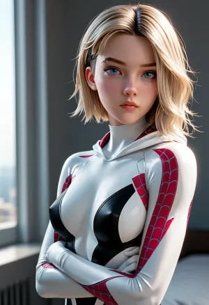 spider gwen, Stylized 3D animated female superhero. Short platinum blonde asymmetrical bob. White bodysuit with black sleeveless top. Arms crossed. Serious expression. Slim athletic build. Dark futuristic room. Soft cinematic lighting. Blue and red display cases in the background. Clean comic-inspired style. High detail.