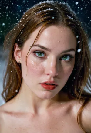 closeup pic, seductive, Night, midnight, Tip toes, femininity, hyper sexuality, unrealistically attractive, snow, snowing, blizzard, succubus, evil nymph, Fetish, kink, High quality vintage 35mm Kodak film photograph, diagonal angle, tilt, professional photograph, 14yearold, freckles, green, eyes, blue, brown, perfecteyes, very, dark, focused, flash, photo, <lora:Ring_Bokeh:2>, <lora:PerfectEyesXL:2>, <lora:winx-10:2>, <lora:sdxl_darkflash_v6-000060:2>