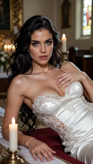 masterpiece, cinematic photo of one women, HQ, perfect light, perfect vibrant eyes, 25 year old bride, instagram model, ((((grabbed breast by left hand)))), (((masturbating by right hand))), laying on the alter in a church, (dark hair, very long wavy tousled hairstyle), looking into the camera, ((((elegant white satin and lace bridal dress)))), ((deep neckline)), edgOrgasm, focus, woman, with, edgOrgasm_face, masturbation, fingering, female_masturbation, grabbing_own_breast, <lora:attractive_notrigger:1.8>, <lora:BUT_SDXL_SHS:1.7>, <lora:Vivid Midjourney mimic - XL SDXL v2.0:2>, <lora:add-detail-xl:1.8>