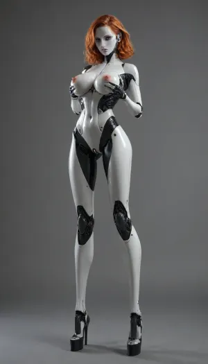 Sexy female robot, large breast, long metalic hair, long legs, rubbing breast, rubbing vagina.