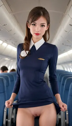 High angle view, very cute and fit 18 year old 1960s flight attendant wearing a form fitting flight attendant uniform, lifting her skirt showing her pussy, kneeling in an empty 1960s airliner, tight fitting stewardess uniform, youthful, shy, dark seamless tan, (((very skinny))), very narrow hips, skinny thighs, thigh gap, 5' 4", (inverted youthful pussy), shaved pussy, hairless pussy, innie pussy, pussy visible, wet pussy, dripping pussy juices, fair skin, brunette hair in a tight ponytail, thin athletic body, soft luscious lips, pouty lips, red lipstick, riund fave, half asian, freckles, beautiful face, full body view, semi closeup, photographic, high quality, skirtlift, slimwoman, naked, very, small, breast, <lora:skirtlift_xl:1>, <lora:Microwaist_XL_v01:.3>, <lora:slimwoman:1.3>