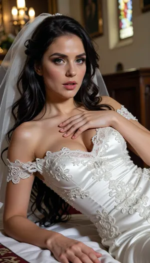 masterpiece, cinematic photo of one women, HQ, perfect light, perfect vibrant eyes, 25 year old bride, instagram model, ((((grabbed breast by left hand)))), (((masturbating by right hand))), laying on the alter in a church, (dark hair, very long wavy tousled hairstyle), looking into the camera, ((((elegant white satin and lace bridal dress)))), ((deep neckline)), edgOrgasm, focus, woman, with, edgOrgasm_face, masturbation, fingering, female_masturbation, grabbing_own_breast, <lora:attractive_notrigger:1.8>, <lora:BUT_SDXL_SHS:1.7>, <lora:Vivid Midjourney mimic - XL SDXL v2.0:2>, <lora:add-detail-xl:1.8>