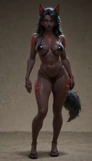 realistic photo full body of furry anthro female Loona Hellhound wearing skimpy bikini, <lora:LoonaRealisticV2:.8>