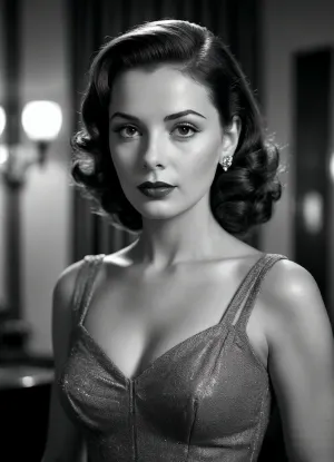 black and white 1950s-style fashion portrait of a beautiful brunette woman in an elegant dress, vintage Hollywood glamour, softly lit, refined pose, film noir atmosphere, high contrast, fine grain, realistic details, monochrome photography