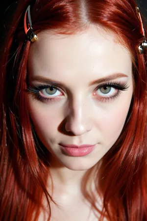 (unnerving 27yo woman, eerie and dangerous aesthetic:20), (Kubrick stare, chin down and forehead forward, closed-lip smirk, emotionless predatory eyes:14), (flat controlled expression, unblinking dilated pupils, dead flat gaze, unnatural stillness:8), (heavy makeup, long false eyelashes), (vibrant flaming red hair, long luxurious hair, straightened hair, bobby-pin), (flawless pale skin), (large expressive eyes, pale hazel-green eyes, dilated pupils), (harsh overexposed lighting, low contrast, blown-out white levels, flash photography, red-eye artifact, hard shadow falloff), (tight face close-up, slight wide-angle lens distortion, focus on eyes), (grainy 35mm flash snapshot, chromatic aberration, heavy film grain, vignette:6), (sickly fluorescent undertone, cold color cast, high-contrast noir shadow:6)