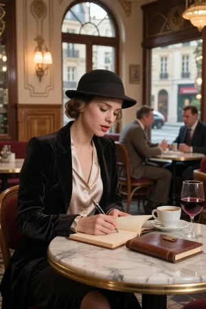 A photorealistic portrait of a young, refined writer in a small Parisian café of the 1920s. She sits alone at a small round marble table, dressed in a vintage silk slip blouse and a velvet jacket, she wears a ladies’ hat. She is deeply immersed in her work and is writing enthusiastically in a notebook, another leather-bound notebook lies on the table in front of her. On the table are a cup of espresso and a half-empty glass of red wine. The café’s interior features warm, romantic lighting and large arched windows overlooking a quiet Parisian street. In the background, the slightly blurred figures of other patrons engrossed in conversation create an authentic 1920s atmosphere—the soft focus makes this a masterpiece.