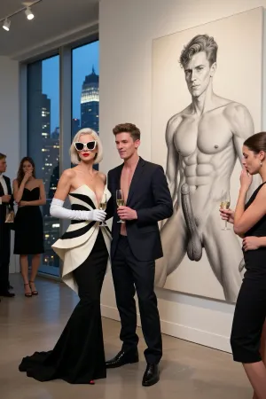 Ultra realistic masterpiece photography. Elegant contemporary art gallery in Manhattan, New York City. Floor-to-ceiling windows reveal the illuminated evening skyline. Sophisticated minimalist architecture, polished concrete floors, museum-quality lighting, luxurious evening vernissage. Fashionable wealthy women from New York high society, diverse and elegantly styled. A celebrated contemporary female artist, 42 years old, wearing an architectural avant-garde haute couture outfit in sculptural black and ivory, oversized geometric sunglasses, immaculate white opera gloves, platinum blonde bob, bold red lipstick. She stands confidently with one arm around her shy young male model, both casually holding identical elegant champagne flutes. The young man, 24 years old, handsome, athletic, but humble, wears a slightly oversized dark suit that fits imperfectly, gentle smile, modest posture, unaware of the attention he draws. Behind them hangs an enormous, museum-quality graphite pencil drawing showing the same young man from knees to head, with an extremely detailed, perfect masculine anatomy, enormously long, flaccid penis that dangles down to his knees, breathtakingly detailed black and white, exquisite shading, rich graphite texture, clearly recognizable as the same person standing beside it. The surrounding women exchange amused, fascinated glances, several discreetly covering their mouths while whispering with playful admiration, smiling at the humorous contrast between the breathtaking artwork and the modest young man quietly standing beside it. The artist watches the reactions with quiet satisfaction, while her model remains innocently oblivious. Cinematic storytelling, soft gallery lighting mixed with cool blue evening light, natural skin textures, ultra detailed, photorealistic