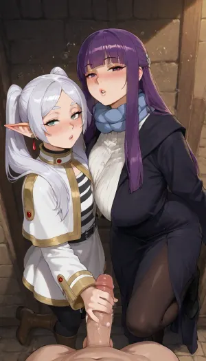 Reiq style, Male pov, 45 years old milf, waifu, (((2 female))), Fern and Frieren from sou sou no frieren, Her hands reach out, She leans back against the wall. One leg up, standing, cooperative fellatio, giving handjob to viewer, (drunk:1.6), maniacal face, (she having pleasure), shocked, looking on viewer, penis, wearing in her original armor, large hips, Clothes sex, medium saggy tits, tits out from, nude tits, choker, she loosing battle, after defeating, she payed her body, Top toes. Thongs Panties. Front view. Total pleasure. On knees., japanese style. Hight angle, Subtitles fuck fuck fuck, prison background.on Public . people around look on her and masturbates, Both side handjob to stranger, orgy+, <lora:add-detail-xl:.8>, detailxl, Frieren, 1girl, light, purple, twintails, multicolored, eyes, earrings, capelet, striped, shirt, belt, skirt, pantyhose, brown, boots, <lora:FrierenXL004:.8>, aafern, long, hair, blunt, bangs, dress, white, black, robe, sleeves, winter, clothes, scarf, fur, trim, cropped, jacket, <lora:fern_xl_(animagine)_v1:.8>