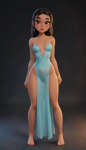 (masterpiece), best quality, absurdres, ultra detailed, anime artwork, hybrid 3D anime illustration, cinematic rendering, merunyaa style, meruccubus, solo, 1girl, dark background, soft intimate lighting, cinematic shading, focus on subject

standing, 3/4 view, slight top-down perspective, hips slightly cocked, chest relaxed naturally, legs slightly apart, relaxed posture, elegant arm anatomy, natural shoulder position, soft body language

detailed skin texture, smooth skin gradients, painterly anime rendering, glossy highlights, polished illustration, reiq influence, innv influence, incase influence, jack cayless influence, <lora:Animated_Concept:1>, <lora:samdoesarts1.1-000030:.5>, <lora:princess_xl_v2:1.6>
