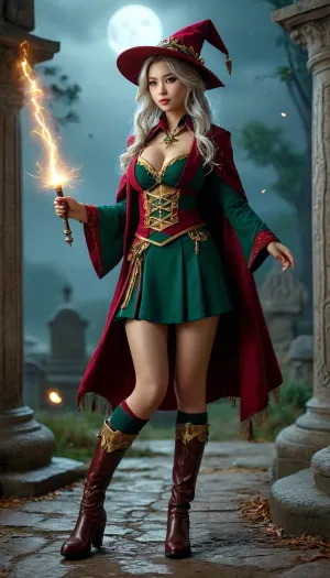 Wizard School, by night, at a hill, in front of a tomb, full moon, darkness around, 8k, best quality, (masterpiece), (intricate details), perfect eyes, perfect face, perfect lighting, beautiful, high detail, octane render, detailed eyes, (full-body shot), (sexy female Asian wizard student, curvy body, large breasts, silver hair), bordeaux wizard school uniform with golden ornaments, bordeaux wizard hat, bordeaux wizard cloak, boots, black eyeliner, cleavage, large breasts, performing magic with wand in hand, showing modest cleavage, Craft a luminescent multicolor lightning bolt, JS_ShortSkirt, <lora:MJ52:.8>, <lora:Portrait_perfection:.8>, green, eyes, blue, brown, perfecteyes, <lora:PerfectEyesXL:.8>