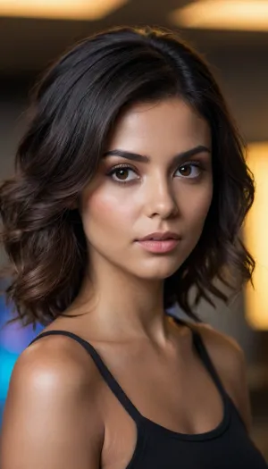 Morena, tatuada, brasileira, cabelo cacheado, olhos claros.