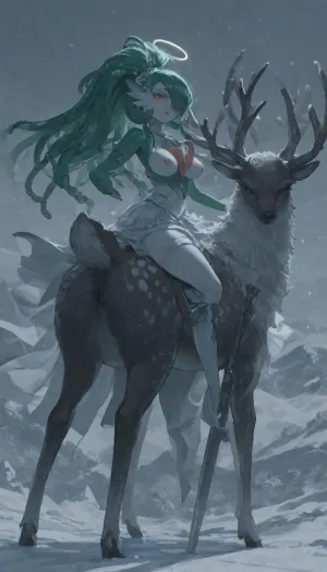 1girl, solo, 30yo, (((Gardevoir))), (broadsword), halo, voluminous extremely long dreadlocks ponytail, slim body, perfect eyes, deep gaze, freckles, medium breasts, nipples, long ruffled skirt, very high heels, knee high boots, ((riding a giant deer)), (snowy mountains), ac_neg1, <lora:add-detail-xl:.8>