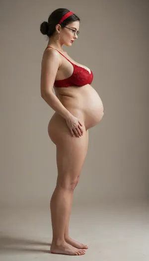 side view, flash, earrings, hair band, big breast, closeup, glasses, pregnant, red lipstick, full body