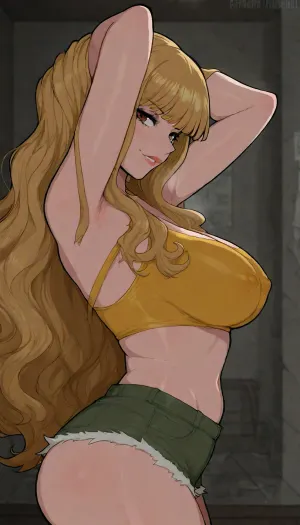 (((afrobull style:1.3))), solo, (arms behind her head), side view, (makeup), at abandoned room, large breasts, wavy hair, hourglass figure, sexy pose, tight yellow crop top, denin shorts, hard nipples, side boobies, off shoulder, big breasts, natural breasts, blonde hair, bangs, wide hips, smirk, long length hair, portrait, close up, score_9, <lora:detailed_notrigger:1.7>, <lora:mk_Bp Anime_xl:1.7>, <lora:narae-XL-v2-ep20:1.4>, <lora:outline_xl_kohaku_delta_spv5x:1.9>