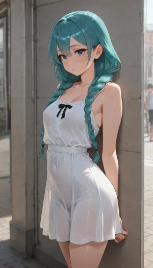 Masterpiece, 8k, petite woman with an undercut and turquoise hair wearing a summer dress, camera from the side, she leans her upper body frontally against a wall on a busy street, legs stretched out and the dress lies above her waist, beautiful face, large eyes, round face, hair in two braids with a subtle black bow in her hair, she is hot