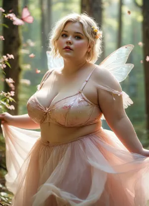 Fantasy picture, obese fairy girl, fairytale, chubby cute face, playful happy, blonde short hair, bright light flooded forrest, shiny butterfly wings, waist, chubby arms, ((bra)), huge fat chubby cleavage, tulle skirt, (blooming, bright, high key image), fully clothed, eyeliner, rouged cheeks, <lora:MJ52:.2>