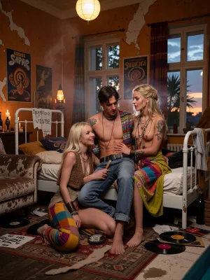 Ultra realistic cinematic editorial photograph of a fictional 1970s West Berlin commune room, large old apartment with cracked plaster, faded orange brown wallpaper, colorful Indian fabrics over tall windows, candlelit lanterns, oil lamps, smoky haze, incense, overflowing ashtrays, cheap wine bottles, vinyl records, scattered protest leaflets, hand-painted slogans, vintage psychedelic rock posters, worn rugs, stained cushions, abraded velvet sofa, sagging armchair, chipped white metal bed with a rumpled mattress and messy blankets, warm low amber light, deep shadows, dust glowing in the air. Three clearly adult commune members arranged closely together in one intimate group, in foreground maria and julie exploring lesbian sex, swedish, twink, slender, tall and very skinny female, (tanned:1.2), blonde, blue eyes, smiling, short hair, nude, (getting oral sex from hit very skinny girl, dynamic view, hotel swimming pool, palm, evening, Clouds, Cloudy, Sunset, Dark, sky, clouds, revsitting, revstanding, maria, 26 years old, very long blond hair, extremely long unkempt blond, narrow face, poetic tired eyes, lean scrawny build, tattoos on her arms, wearing colorful handmade patchwork trousers, open woven vest, bead necklaces, leather bracelets. Julie, 30 years old, black hair, skinny, tanned skin, strong athletic build, tattooed arms and chest, handmade patterned shirt, faded trousers, rings, layered jewelry, the lesbian couple enjoy their own exhibitionistic behavior and is clearly comfortable being admired by Lila next to them, expressing affection openly as part of the celebratory atmosphere, no secrecy, Lila, 24 years old, blonde hippie woman, smokes a cigarette and watches the women, she has long blonde dreadlocks woven with beads and shells, tattooed arms, soft freckled face, expressive eyes, colorful sewn dress, embroidered scarf, layered necklaces and bracelets. All three share gentle affectionate closeness, soft touches, warm glances, relaxed tenderness, non-explicit communal intimacy. Gritty 1970s documentary feel, ultra-detailed skin, fabric, hair, and jewelry textures, 8K photorealism.)