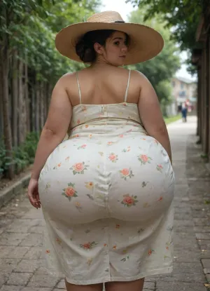 Natural lighting. Wide shot. Full bosy. Exquisitely pretty very wide heavy thick obese 20 year old girl, extremely severely obese uussbbw. She has piled on the weight this sophomore year. Morbidly obese fully floral clothed in spaghetti strap long sundress, stretched tight over her huge fat arse. The light and shade play on it. Enormous, (oversized), rotund soft ultra hyper, (inflated), extremely fat arse. Wide set hips. Disproportinately Gigantic ass. Wide heavy fatty ass. Extreme bottom heavy chunky ultra fat pear shape. Her massive arse distracts slightly from her flabby, distended waist. very sexy. Long nice hair. Standing at outdoor buffet counter getting food. viewed_from_behind, swayed hip stance. She looks over her shoulder at you, seemingly apologising for her gluttony after her fifth visit to the buffet.