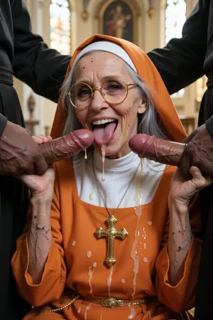 4k ultra high resolution, face of a elderly very old ugly, (90 years old, emaciated), norwegian squatting nun is licking 2 veiny cocks, (one big and short penis, one big and long penis), in front of her from 2 standing priests, (black man), woman holds the cocks horizontally with both hands, licking the tips of the cumdripping cocks with her long tongue, (much cum on tongue and cumdripping), priests hands are touching the nun's head and the nuns back, long grey hair, ultra high detailed face, big skin wrinkles and many dark freckles, dark eyelids, long black eyelashes, grey eyes, nun is wearing a orange nun's habit full of cum with many cumspots, cumdripping long chin, big golden traditional cross, round golden glasses, nun is smiling bright and showing teeth, old veiny pale body skin and veiny hands, background church, high noon with warm sunbeams