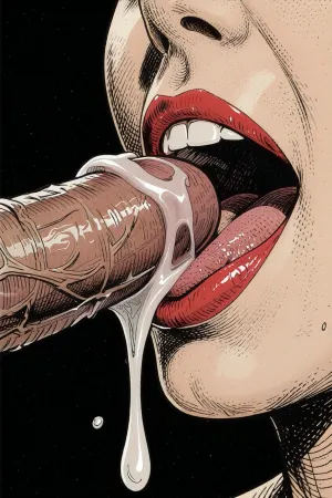 (marvel style comic art:2), (monochrome sepia ink drawing), (dark background:1.3), ----------------extreme close up drawing of the precise moment when cum is spilling out of the cock into a 30 year old sensual mouth, only mouth and cock in shot. realistic um on tip of cock and her lips and chin, strong red lipstick, professional makeup, beautiful veiny uncut fully erect thick dick resting on her tongue, detailed view on glans and frenulum, erotic photo, captured at the precise moment when cum is spilling out of the cock, thick white projectile cum, smiling---Style of Stramaglia. Style of Bruno LeCoq. Style of Gotha. Drawn using line drawing and cross-hatching techniques to create volume, depth, and shadows. Fine lines and shading are visible throughout the drawing. Pen and ink style.