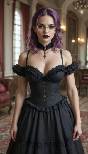 shallow depth of field, 85mm lens, 18-year-old, beautiful, athletic, young, petite, female, purple hair, ((black eye shadow, black lipstick)), tanned skin, tight large breasts, ((small round glasses)), (((Victorian opulent baroque dress))), posing sexy in a Victorian living room, direct eye contact, warm glow, cinematic atmosphere