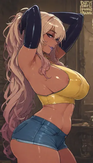 (((dieforthefunk style:2))), solo, (arms behind her head), side view, (makeup), at abandoned room, large breasts, wavy hair, hourglass figure, sexy pose, tight yellow crop top, denin shorts, hard nipples, side boobies, off shoulder, big breasts, natural breasts, blonde hair, bangs, wide hips, smirk, long length hair, portrait, close up, score_9, <lora:detailed_notrigger:1.7>, <lora:mk_Bp Anime_xl:1.7>, <lora:narae-XL-v2-ep20:1.4>, <lora:outline_xl_kohaku_delta_spv5x:1.9>