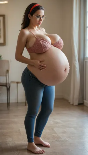flash, hair band, (big breast:1.9), closeup, glasses, (pregnant:1.9), full body